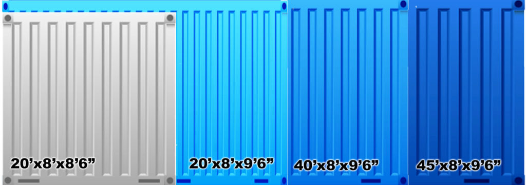 Comparison of shipping container sizes showing 20-foot, 40-foot, and 45-foot options with varying heights, available from Alaska Custom Containers.